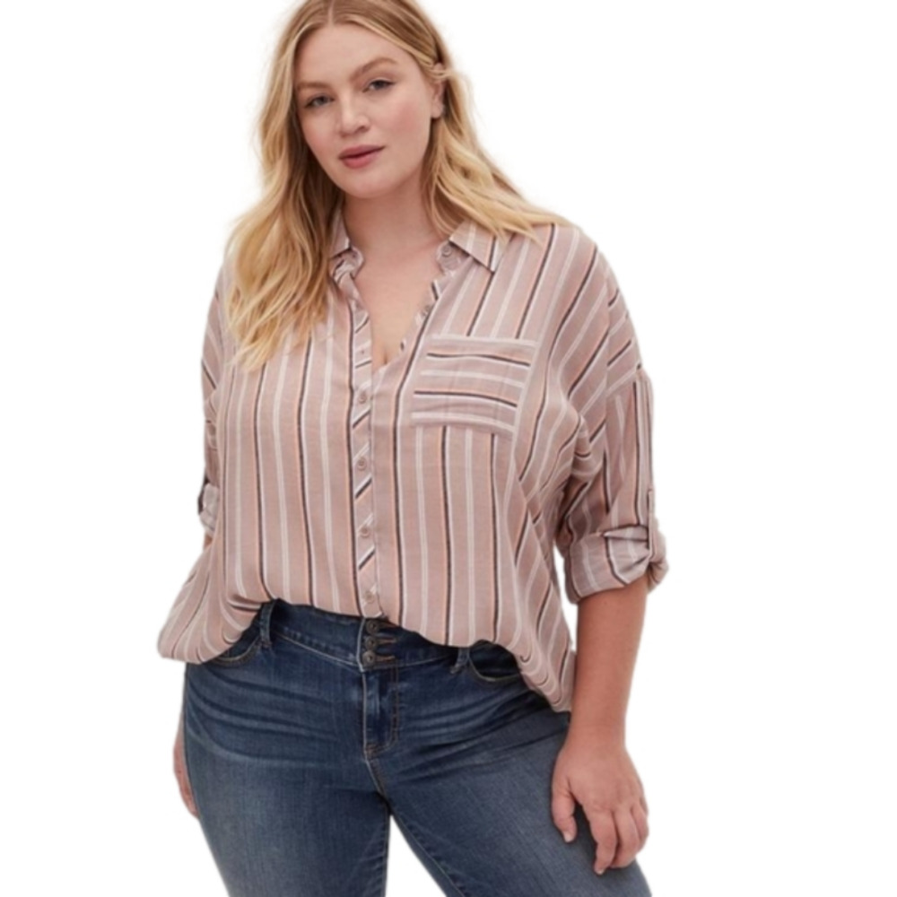 Torrid Women's Long Pink Striped Button Down Roll Up Sleeves Shirt Sz 2X (18-20)